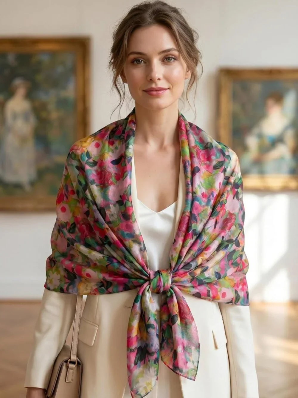 Luxurious 100% Mulberry Silk Floral Scarf Wrap - Lightweight Large Shawl for